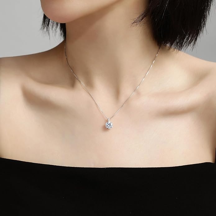 MISS MIMI Solitaire Cubic Zirconia Necklace for Women, 1–3 CT Round,Heart,Princess Cut CZ Options, Bezel or Prong Set in 925 Sterling Silver, Adjustable 16–20" Minimalist Everyday Jewelry