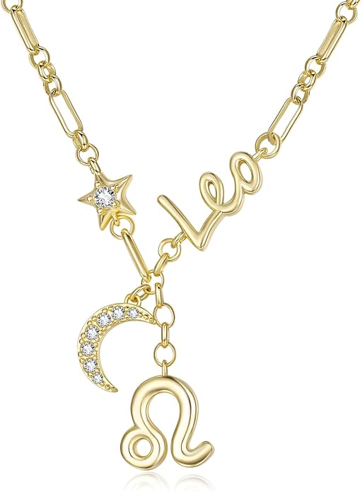14K Gold/Rose Gold Zodiac Necklace for Women - Horoscope Constellation Pendant with Moon and Star, Luxury Birthday Gifts Jewelry for Her (12 Zodiac Signs)