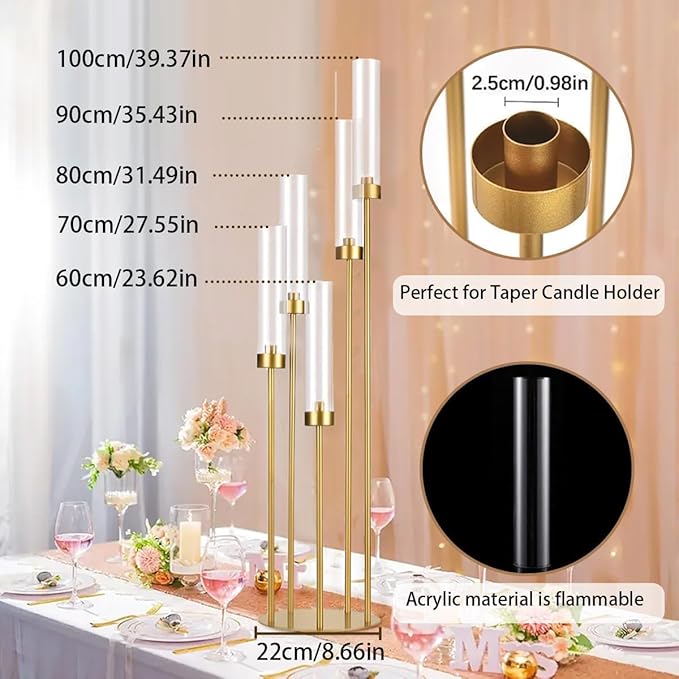 20PCS Gold Floor Candelabra,5 Arm Candle Holder Tall Floor Candle Holder with Acrylic Lampshade for Wedding Table Birthday Party Home Decoration Fit LED Taper Candles