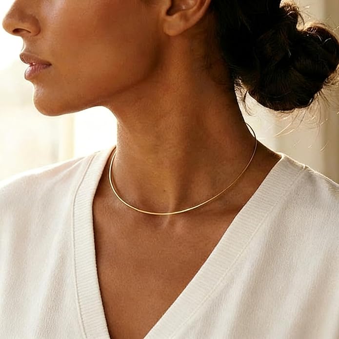 Dainty Choker Necklace for Women, Minimalist Simple Thin Lightweight Collar Choker, 14K Gold Plated Stainless Steel, Hypoallergenic Fashion Trendy Jewelry, Open Cuff Bangle Inspired Design Jewelry