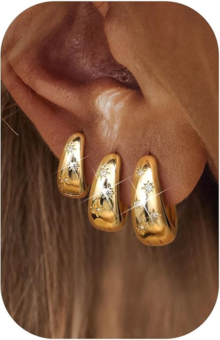 14K Gold Plated Hoop Earrings Set for Women - 3Pairs Chunky 14K Gold Plated Silver Huggie Earrings Small Earrings Lightweight Hypoallergenic MultiColored CZ Hoop Earrings Stacks for Multiple Piercing
