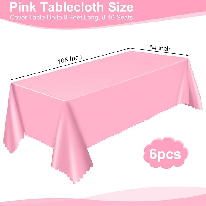 6 Pack Plastic Pink Tablecloth, 54 X 108Inch Party Table Covers Pink Scalloped Table Cloths for Rectangle Tables Disposable Tables Cover for Picnic Baby Shower Tea Party Wedding Bridal