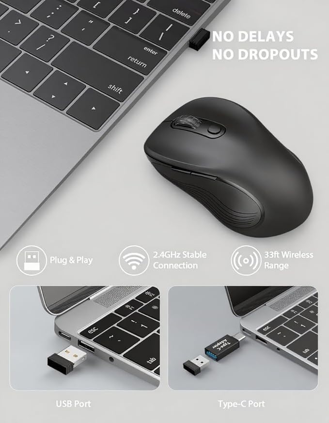 Trueque Wireless Mouse for Laptop, 2.4GHz Ergonomic Computer Mouse with Back & Forward Buttons, 3-Level DPI, 6 Buttons, Optical USB Cordless Mice for Windows Chromebook MacBook PC (Ink Black)