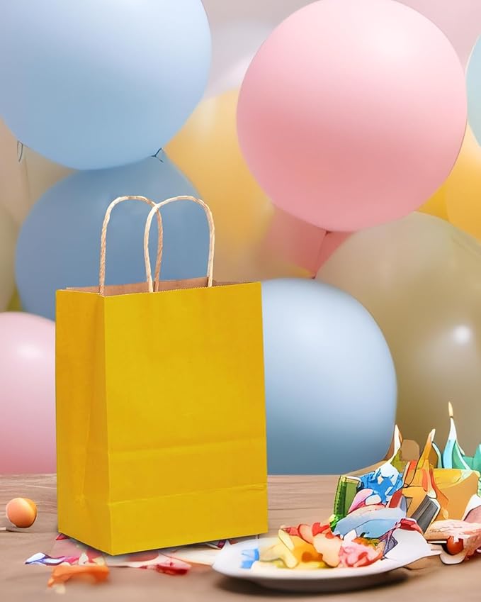 qiqee Large Kraft Paper Bags with Handles 13"x10"x5" 32 pcs Gift Paper Bag Bright Yellow Solid Color Bags（Large Size）