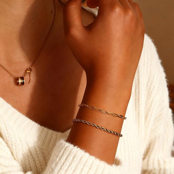 18K Gold Plated Bracelet Sets for Women Waterproof - Trendy Thin Dainty Stackable Cuban Link Paperclip Snake Twisted Chain Fashion Jewelry Accessories Gifts for Women
