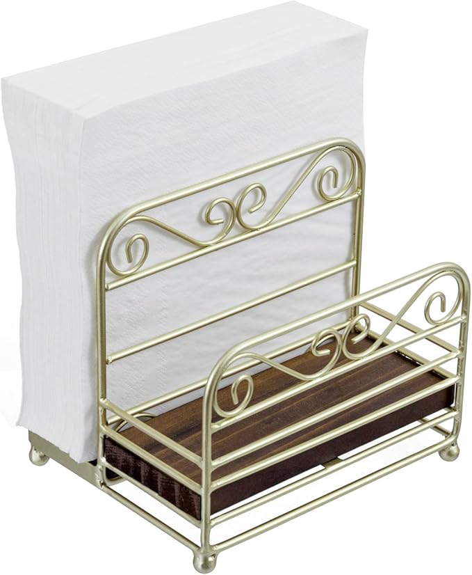 MyGift 2-in-1 Disposable Napkin and Salt & Pepper Caddy, Brass Tone Metal Vintage Scrollwork Dinner Table Paper Towel Condiment Holder with Rustic Burnt Solid Wood Base
