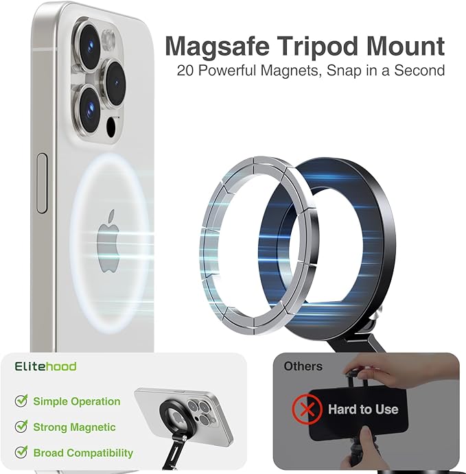 elitehood Aluminum Tripod Phone Mount Adapter for DJI RS 4 Mini, Magnetic Smartphone Tripod Mount with Arca-Standard & Hot Shoe Plate for Camera, Cold Shoe Phone Mount Fit iPhone 16 15 14 Series