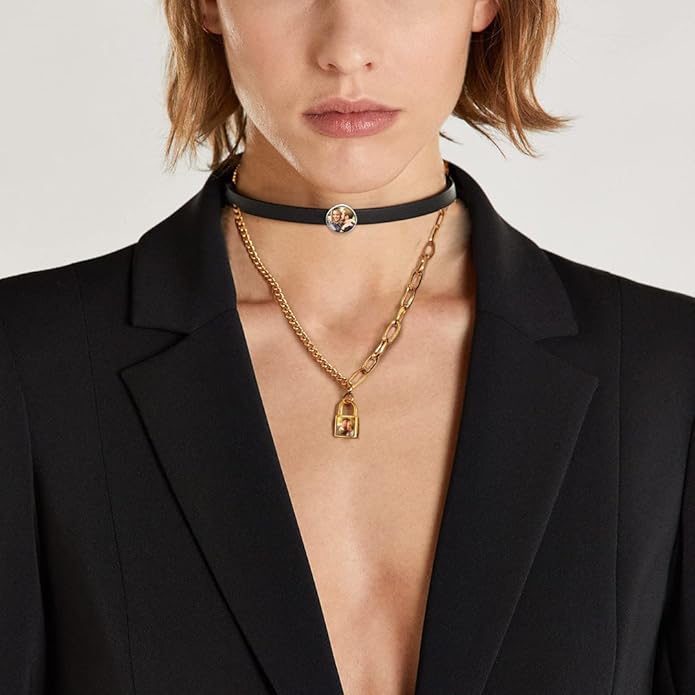 Custom4U Personalized Black Leather Choker Necklace with Picture/Name/Initials/Letters Charm,Custom Made Adjustable Choker Collar Gothic Punk Necklaces Jewelry Gifts for Women