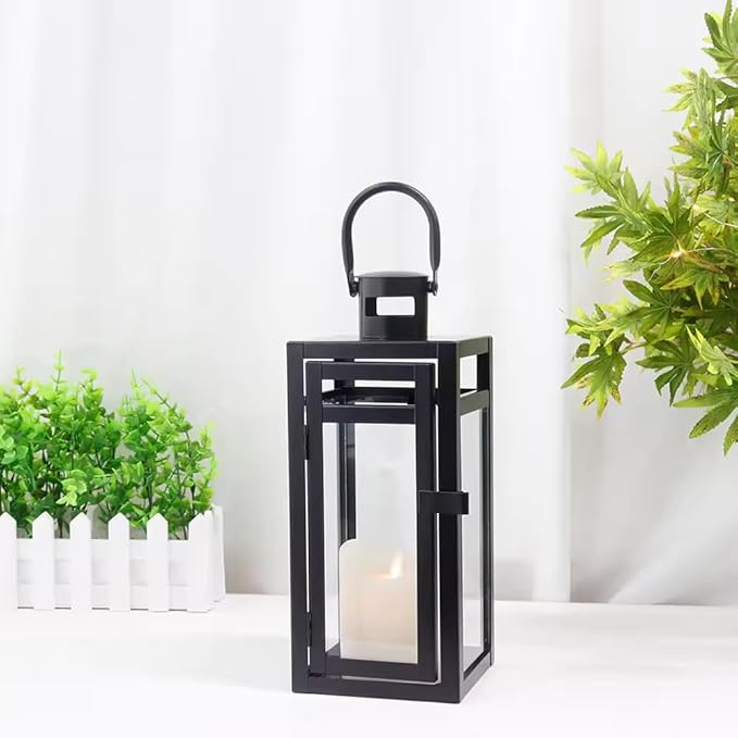TRIROCKS Set of 2 Metal Candle Lantern 12'' High Decorative Outdoor Lantern Hanging Lantern with Tempered Glass for Christmas Home Living Room Parties Events Tabletop Indoors Outdoors(Black Matte)