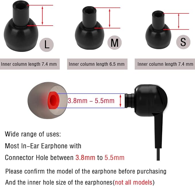 Replacement Earbud Tips Silicone Ear Tips for in- Ear Headphones Eartips Tips (Inner Hole from 3.8mm-5.5mm Earphones) Earbud Replacement Tips Earbuds Cap 18 Pairs S M L