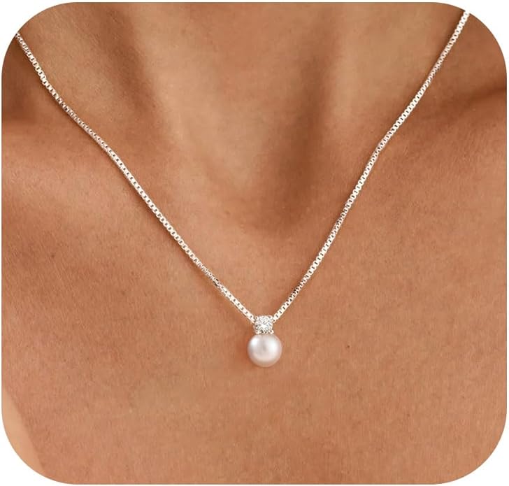 WFYOU Pearl Necklaces for Women Trendy 6MM 8MM 10MM Dainty Round Natural Freshwater Pearl Necklace Silver 14K Gold Plated CZ Pearls Necklaces for Women Birthday Bridesmaid Wedding Gifts Pearl Jewelry