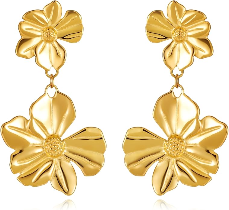 Gold Flower Statement Earrings for Women, Large Chunky Bohomian Summer Beach Floral Earring, Irregular Bold Exaggerated Earrings