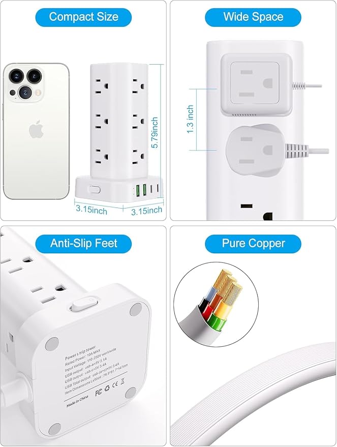 Power Strip Tower with Wireless Charger, Flat Plug Surge Protector Tower with 15FT Extension Cord, 12 AC Multiple Outlets, 4 USB (2 USB C),15W Wireless Charging Power Tower for Home Office Dorm,White