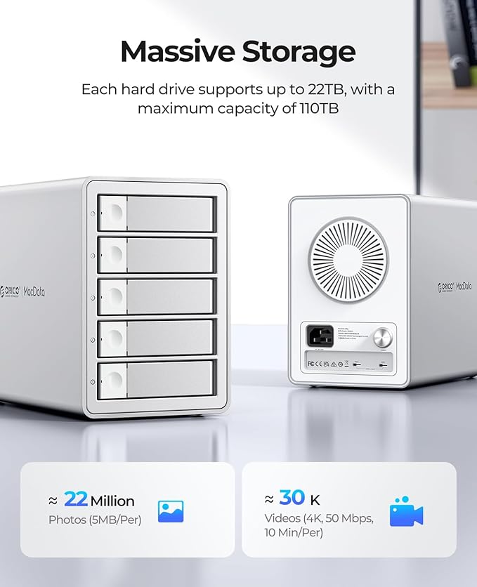 ORICO Daisy-Chain 5-Bay Hard Drive Enclosure External USB 3.2 Gen 2 Aluminum Das Enclosure Support 22TB and Expansion Max Up to 330TB for 3.5-inchs HDD -9958C3