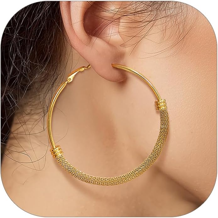 KeyStyle Mesh Hoop Earrings for Women, Stainless Steel Gold Hoops Earring Lightweight Loops, 2MM Thick Hypoallergenic Circle Endless Hollow Hoop 20mm-80mm