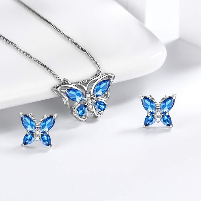 Aurora Tears Butterfly Jewelry,Women 925 Sterling Silver Butterflies Birthstone Pendant Necklace/Earrings/Rings Wedding Gift