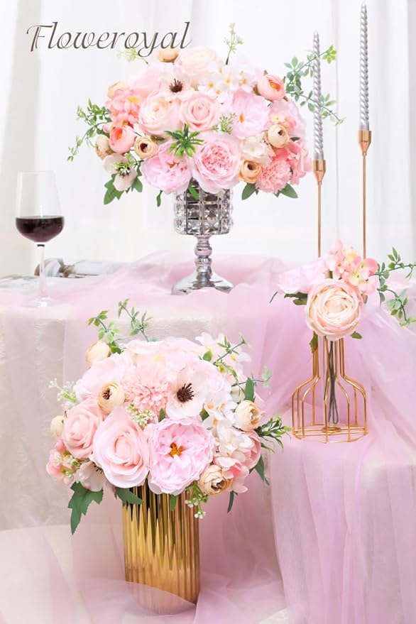 Floweroyal Artificial Flowers Combo Pink Flowers Mix Silk Flowers Roses Peonies with Stems for DIY Wedding Bridal Bouquets, Baby Shower, Floral Arrangement, Table Centerpieces, Home Decorations.