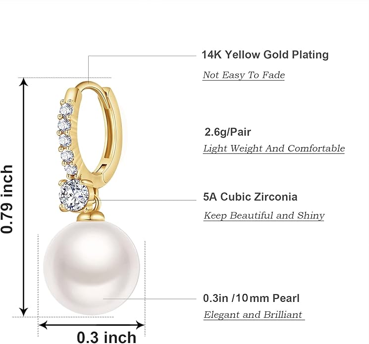 Pearl Earrings for Women 14K Gold Plated Hypoallergenic Pearl Earrings 5A Cubic Zirconia Dangle Earrings Elegant Jewelry