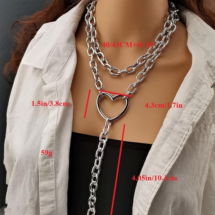 Chunky Layered Big Heart Gold Y Necklaces for Women, Statement Thick Silver Cuban Chain Trendy Bold Choker Necklaces Punk Valentine Bar Jewelry Gifts