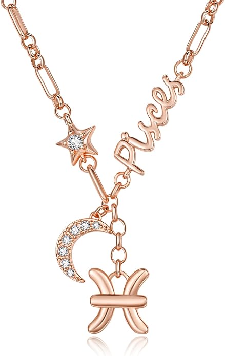 14K Gold/Rose Gold Zodiac Necklace for Women - Horoscope Constellation Pendant with Moon and Star, Luxury Birthday Gifts Jewelry for Her (12 Zodiac Signs)