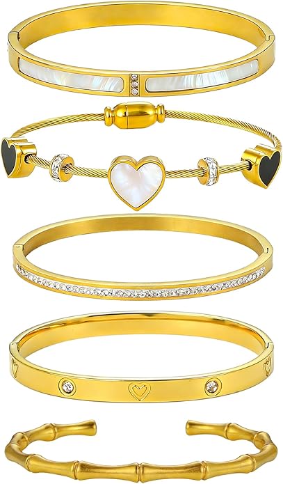 ZhiRui Women's 18K Gold Plated Stackable Bracelet Set - Waterproof Mother of Pearl Heart Cubic Zirconia Jewelry Gifts for Women