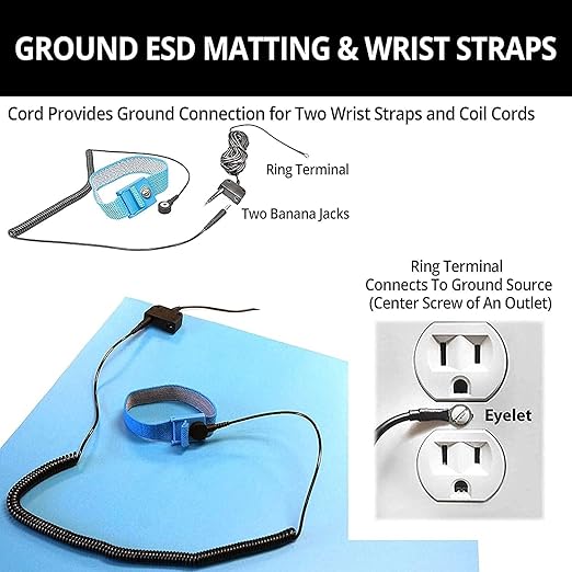 RubberStat Dual Layer ESD Compliant Workstation Rubber Table Mat Kit, Soldering, Cell Phone Repair, with Wrist Strap Set and Ground Cord - 36"x48" Grey