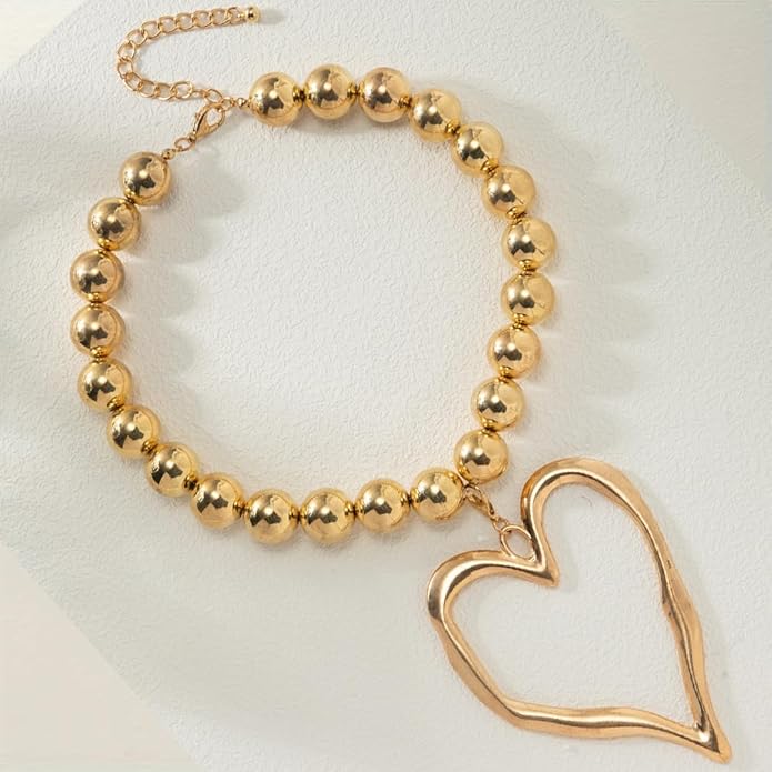 Unique Big Chunky Gold Heart Beads Necklace for Women, Charm Large Thick Hollow Love Heart Pendant Beaded Chain Choker Necklaces Party Y2K Jewelry Gift