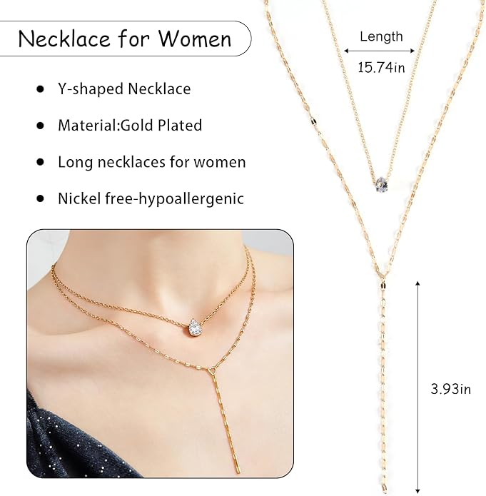 Necklace for Women, Dainty Long 14K Gold Y-Shaped Necklace Jewelry Trendy Beaded Layered Chain Drop Necklaces Jewelry Women Gifts