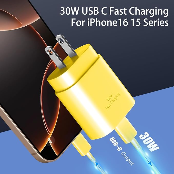 Phone 15 Charger 10FT USB C to C Fast Charging Cord,30w USB C Phone 15 Pro Max Fast Charger Block for Phone 15/15 Pro Max/15 Pro/15 Plus/Pro 12.9/11 inch,S24 Ultra Plus,Yellow