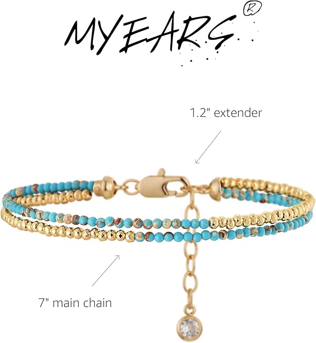 MYEARS Women Beaded Bracelet Gold Double Layer Gemstone 14K Simple Dainty Handmade Chain Everyday Boho Beach Jewelry