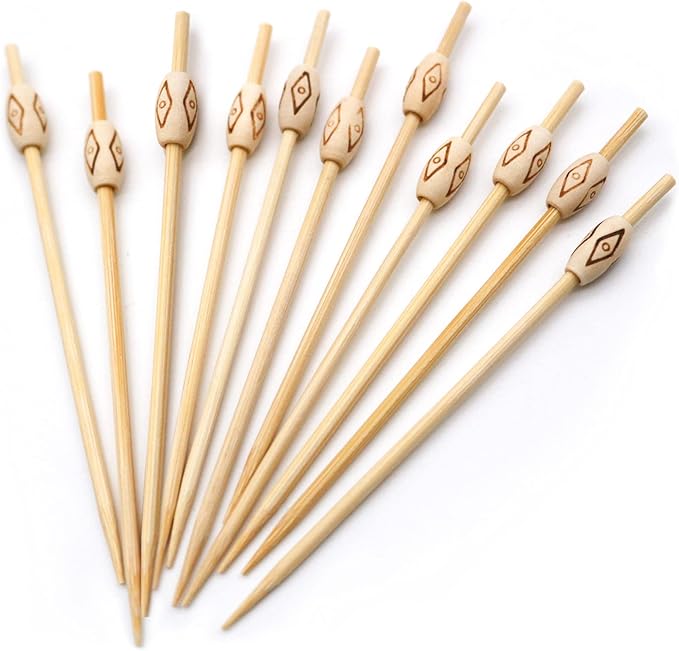 BLUE TOP 200PCS Oval Wood Pearl Cocktail Picks for Drinks&Food, 4.7 Inch Fancy Decorative Cocktail Toothpicks Food Picks, Decorative Bamboo picks for Hallowen Parties Bar Hotel Events July 4th