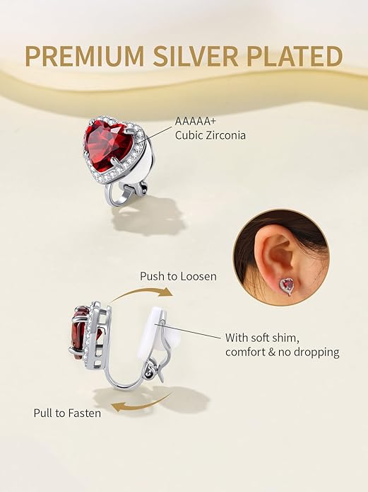 FindChic Sparkling Birthstone Clip On Earrings for Women, Silver Plated Stud Earrings 8MM Cubic Zirconia Non Pierced Studs, 12 Months Birthday Jewelry Gift