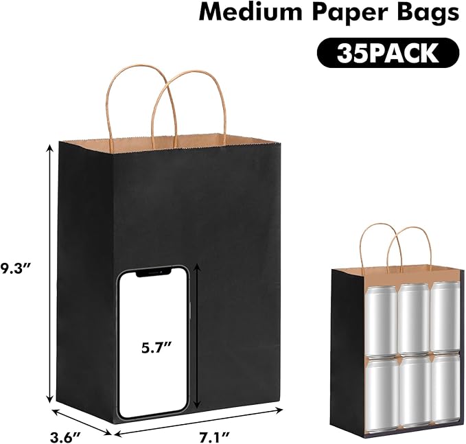 OUTUXED Black Gift Bags, 35pcs Kraft Paper Bags with Handles, 7.1x3.6x9.3in Medium Size for Retail, Gift Wrapping, and Shopping