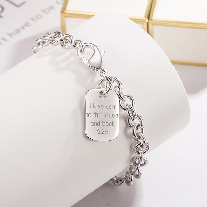 Dankadi Women 925 Sterling Silver Round Cable Wire Link Bracelet Charm Heart-Bell-Square-Circle Pendant Chain Bangle Fine Jewelry Gift For Wife Her