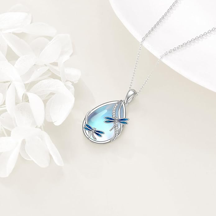 KQF Dragonfly/Butterlfy/Cat/Jellyfish/Bunny/Axolotl/Bee/Mermaid/Hummingbird/Elephant Necklace for Women Sterling Silver Moonstone Pendant Necklace Dragonfly Jewelry Gifts for Women