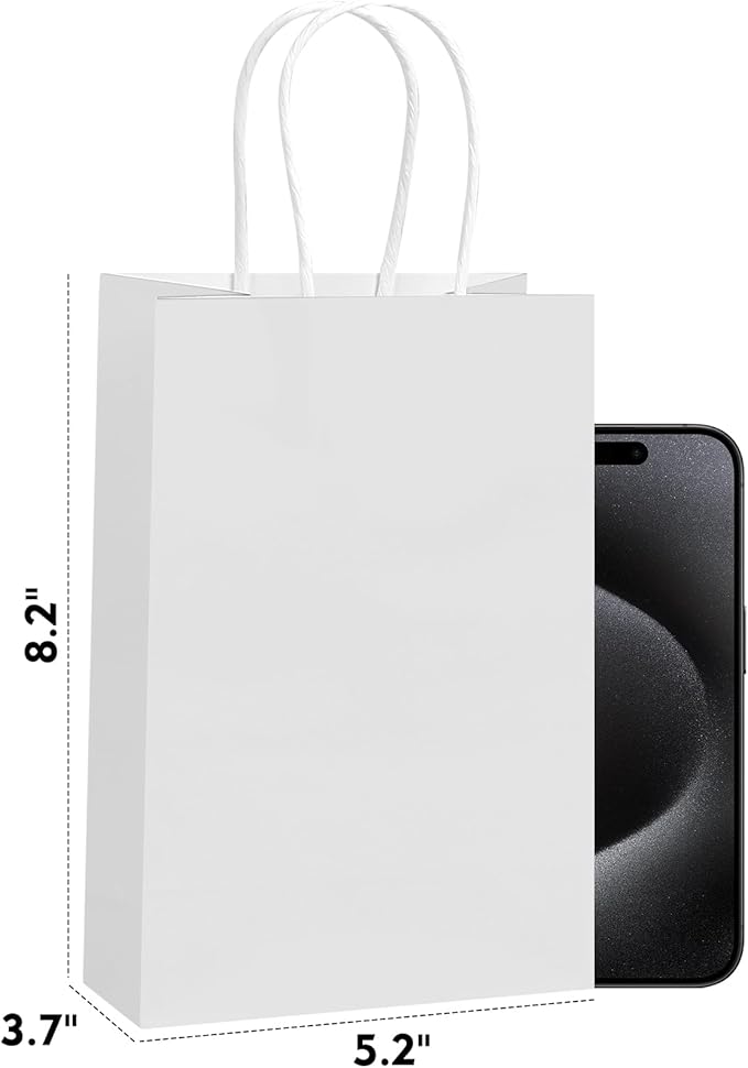 REMTAP Gift Paper Bags 5.9×3.2×8.2 50Pcs Kraft Bags with Handles Bulk Gift Bags for Wedding Party Craft Retail Packaging, Shopping, Party Favor, Retail Bag (White-S-50pcs, 5.9 * 3.2 * 8.2)