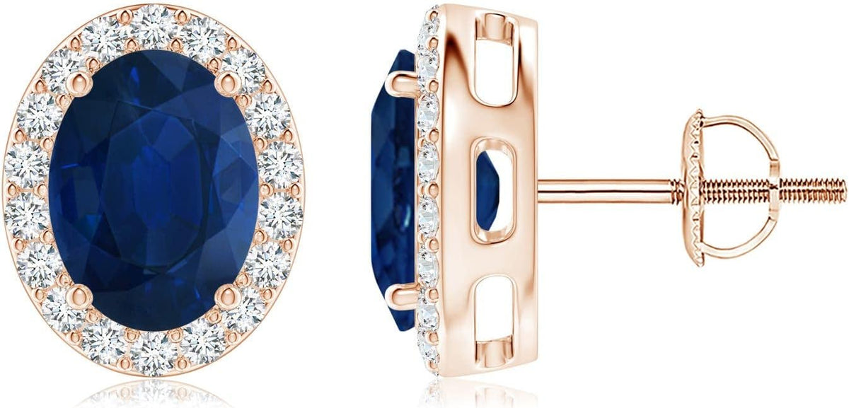 ANGARA Natural Blue Sapphire Earrings for Women | Prong-Set Oval Blue Sapphire Stud Earrings with Diamond Halo in 14K Solid Gold/Platinum | September Birthday, Anniversary, Gemstone Jewellery Gift