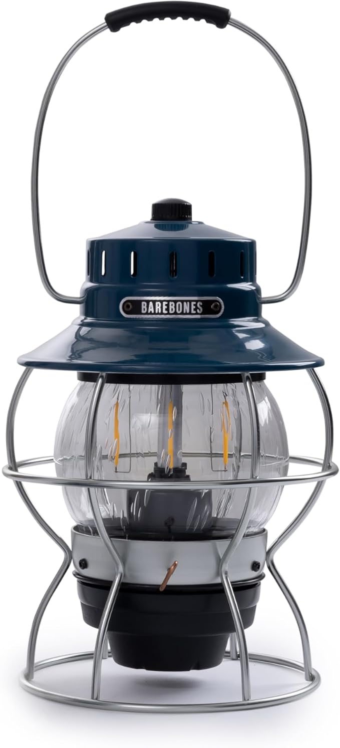 Barebones Railroad Lantern – Ocean Blue, Vintage-Inspired LED Camping Lantern with Rechargeable Battery – Adjustable Brightness Outdoor Light for Camping Gear, Backyard, and Home Decor