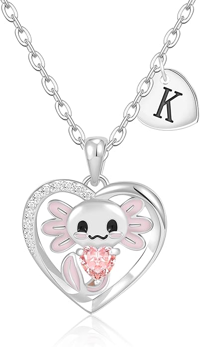 C-leen Axolotl Valentines Day Gifts for Her, 14K Gold Plated Axolotl Initial Necklace Cute Heart Initial Pendant Necklaces Birthday Valentines Day Gifts for Kids Girls Women