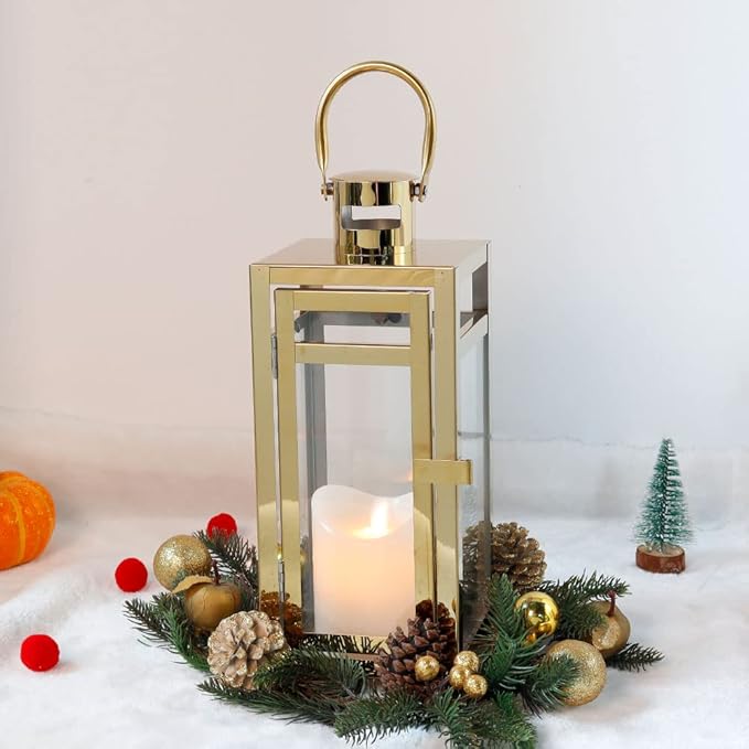 TRIROCKS Set of 2 Stainless Steel Decorative Lantern 12'' High Metal Candle Holder Outdoor Candle Lantern with Tempered Panels for Home Decor Living Room Parties Events Tabletop Indoor Outdoor (Gold)