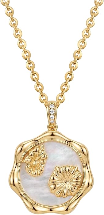 MEVECCO Birth Flower Necklace For Women 18k Gold Plated Mother Of Pearl Disc Floral Pendant Necklace Dainty 12 Birth Month Flower Handmade Personalized Jewelry Anniversary Christmas Birthday Gifts