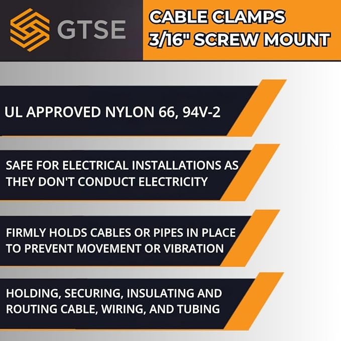 GTSE Black Nylon Plastic Cable Clamps, 3/16" Screw Mounts for Cable, Rope, Tube Management, 100 Pack