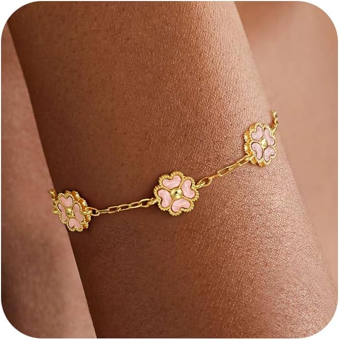 14K Gold Plated Clover Bracelets for Women Flower Four Leaf Link Bracelets Trendy Jewelry Gifts for Women