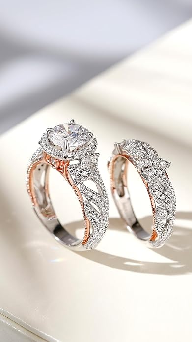 Jeulia 4 Carat Openwork Ring Sets for Women 925 Sterling Silver Wedding Sets Rose Gold Round Cut Halo Engagement Ring White Diamond band CZ Solitaire Anniversary Promise Rings