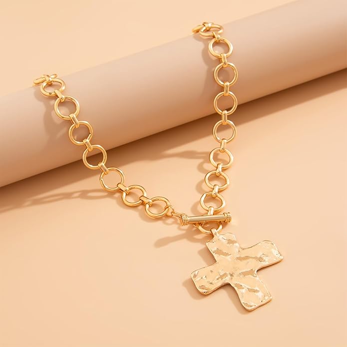 Atiptu Gold Chunky Cross Necklace for Women Statement Cross Pendant Necklace Layered Hammered Bold Cross Necklace Vintage Toggle Clasp Necklace Jewelry