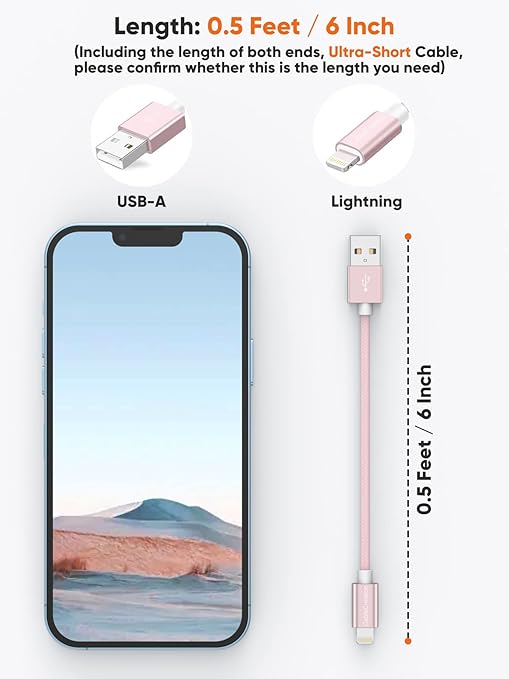 CableCreation USB A to Lightning Cable 6inch, Short iPhone Charging Data Sync Cord [MFi Certified] for iPhone 14/14 Pro, AirPods Pro, iPad, 0.15M, Pink