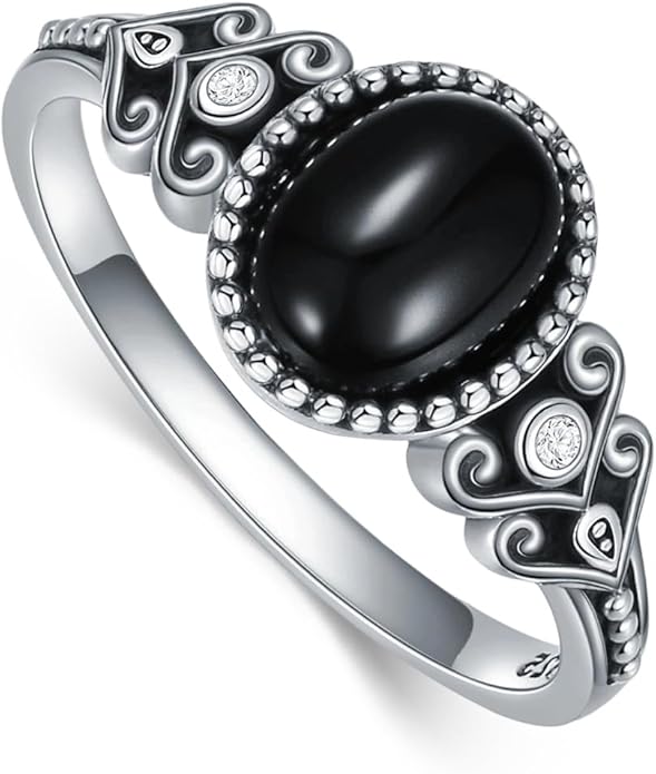 925 Sterling Silver Oxidized Black Onyx Rings for Women - Round & Heart 9mm Onyx Vintage Retro Design, Ideal for Daily Wear