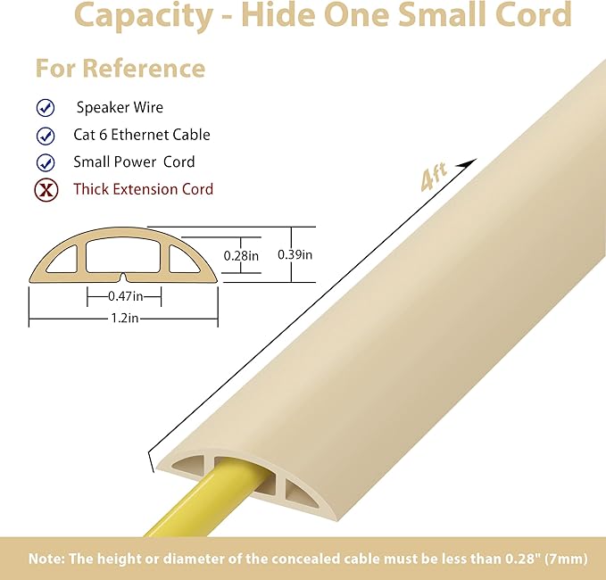 ZhiYo 4ft Cord Hider Floor for 1 Small Wire, Soft PVC Cord Covers for Wires on Floor, Wire Cover to Hide Power Cords, Cable Cover Protect Cords, Cable Cavity: W0.47in x H0.28in Ivory Beige