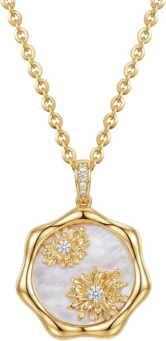 MEVECCO Birth Flower Necklace For Women 18k Gold Plated Mother Of Pearl Disc Floral Pendant Necklace Dainty 12 Birth Month Flower Handmade Personalized Jewelry Anniversary Christmas Birthday Gifts