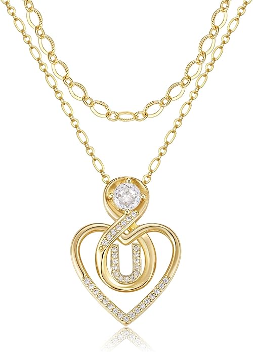 Heart Letter Necklaces for Women 14K Gold Plated Cubic Zirconia Heart Initial Layered Necklace Infinity Pendant Necklace Letter Initial Jewelry for Women